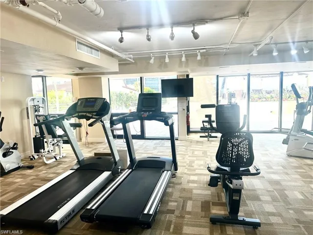 Exercise room with light colored carpet and track lighting