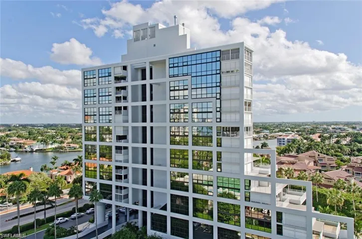View of apartment building / complex featuring a water view and a view of city
