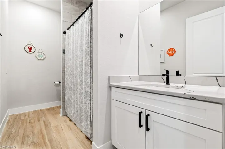 Bathroom with curtained shower, light wood-type flooring, and vanity