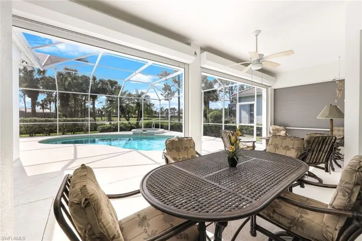 View of swimming pool with ceiling fan