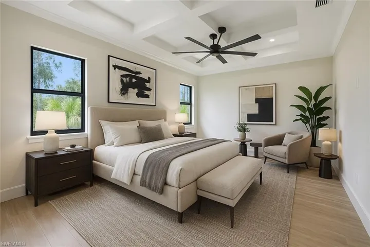 Bedroom with recessed lighting, coffered ceiling, light wood-style floors, beam ceiling, and baseboards