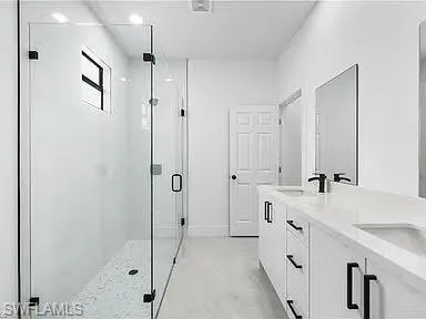 Bathroom with a shower with door and vanity