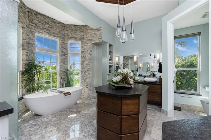 Bathroom with a freestanding bath, vanity, plenty of natural light, and a high ceiling