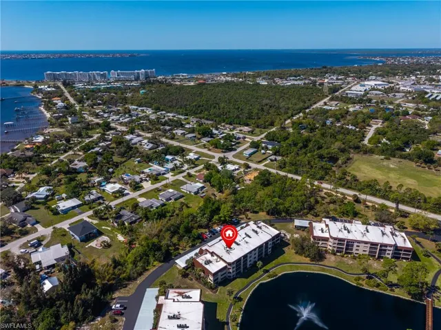Aerial view of a nearby body of water