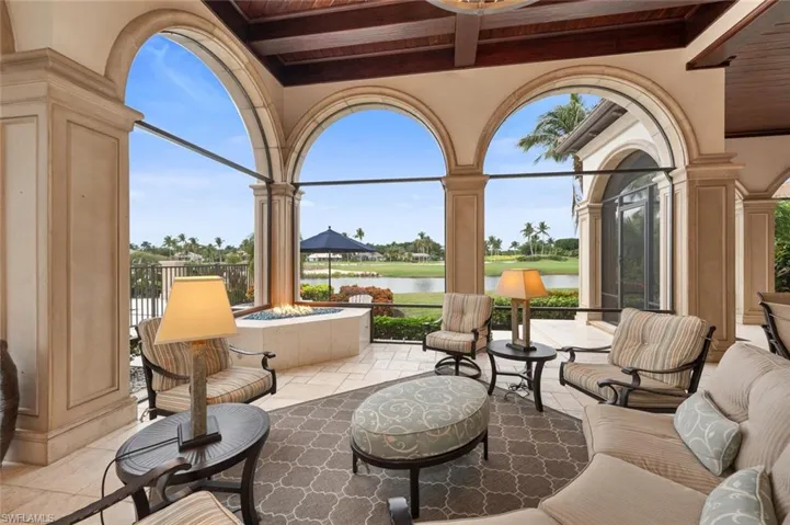 View of patio with a water view