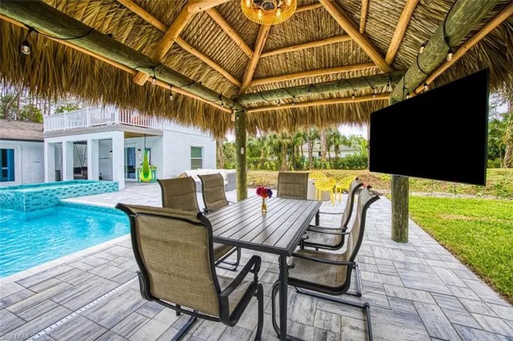 Swimming pool featuring a gazebo, a patio, and outdoor dining space