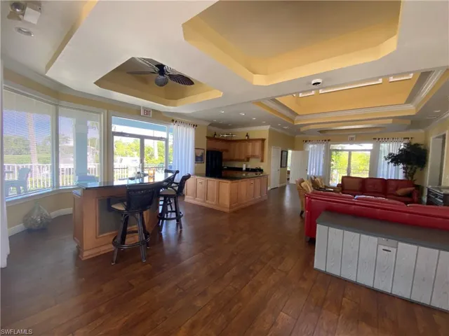 Living room with crown molding, a raised ceiling, and dark wood-type flooring