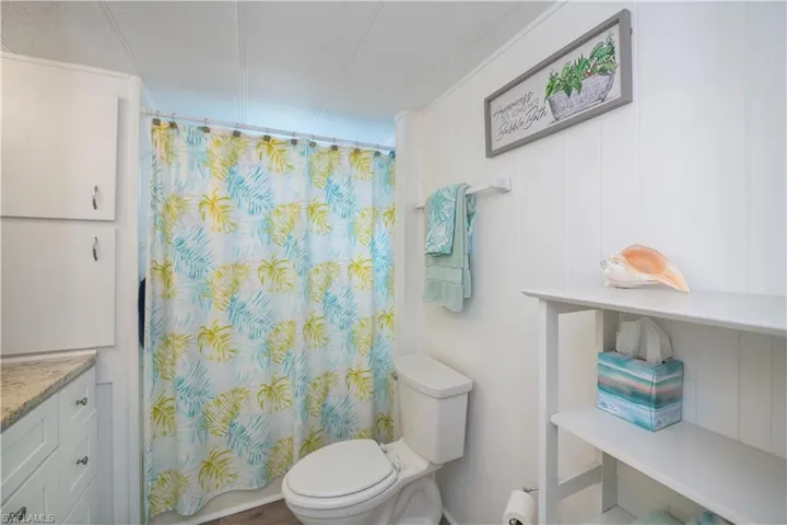 Bathroom with vanity, toilet, and ornamental molding