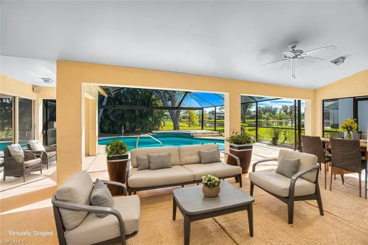 *VIRTUALLY STAGED* View of patio with an outdoor living space, an outdoor pool, ceiling fan, and a sunroom