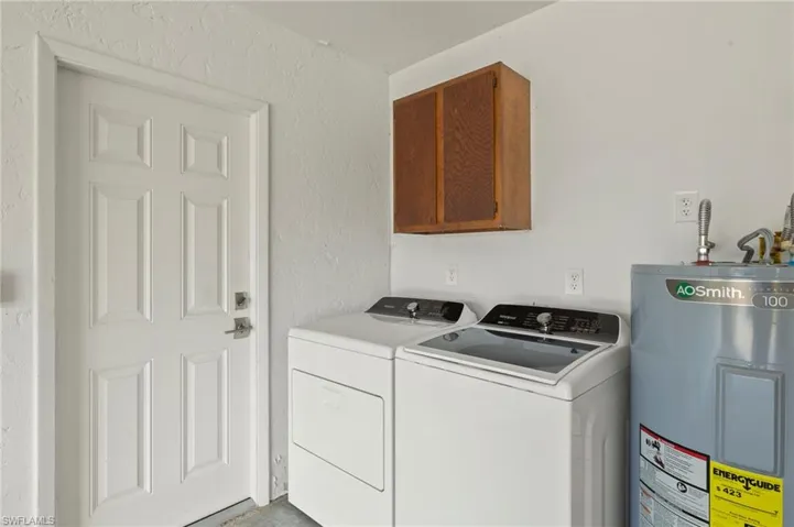 The Laundry Room is in the Garage and the equipment includes the electric water heater, independent washer, and independent dryer.
