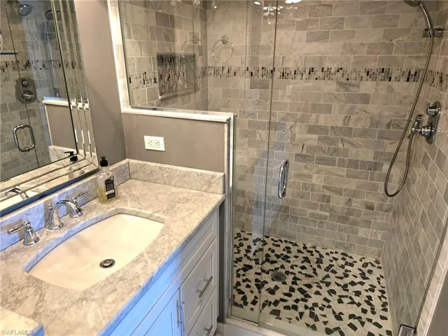 Bathroom featuring vanity and a stall shower