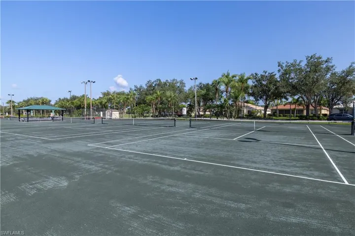 Multiple hard-surface tennis courts surrounded by mature trees and equipped with court lighting