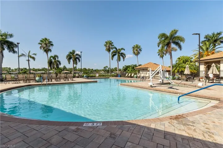 Expansive outdoor pool with paver decking, integrated entry steps, and surrounding palm trees