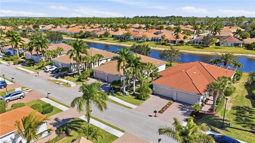 Aerial perspective of suburban area featuring a nearby body of water