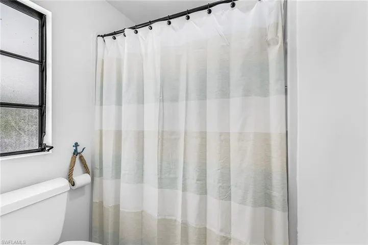 White shower curtain on a black rod, featuring a segmented window with black framing, and a white toilet