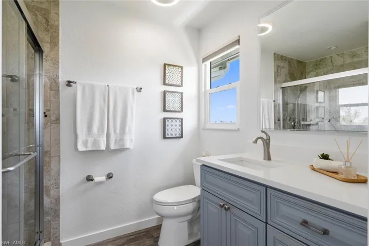 Full bathroom with vanity, toilet, plenty of natural light, and a stall shower