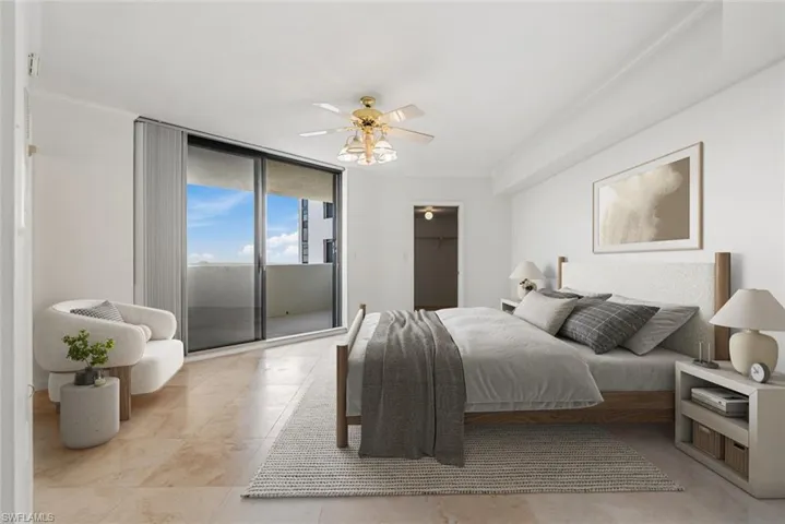 Bedroom with access to exterior, a wall of windows, ceiling fan, and ornamental molding