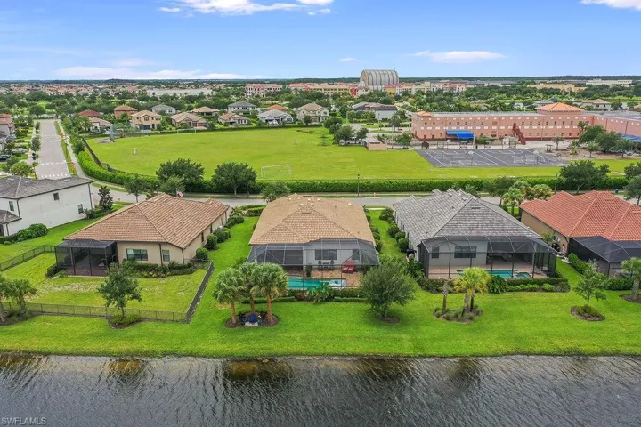 Birds eye view of property with a water view