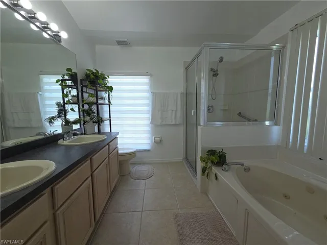 Bathroom with tile patterned floors, a stall shower, a tub with jets, and double vanity