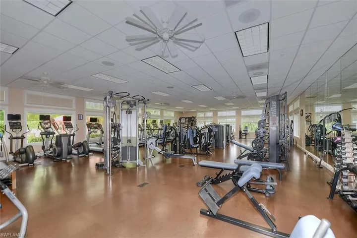 Exercise room with visible vents and a ceiling fan
