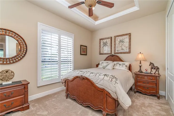 Carpeted bedroom with a tray ceiling and ceiling fan