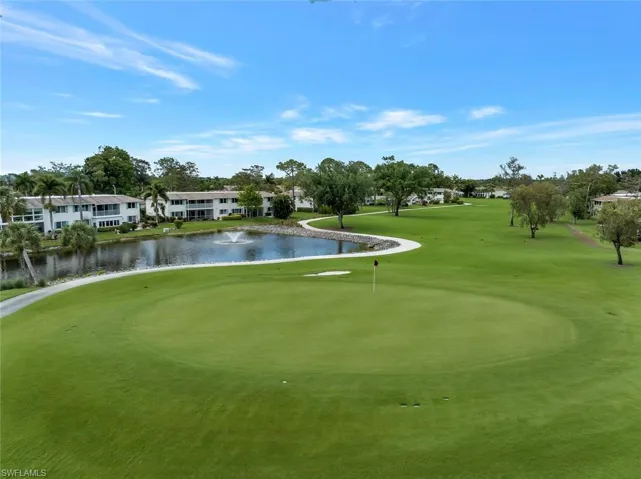 Arial view of the 17th green of the Pine looking towards condo buildings. Condo is lower left of the fountain.