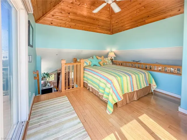 Bedroom with a ceiling fan, lofted ceiling, wood ceiling, and wood finished floors