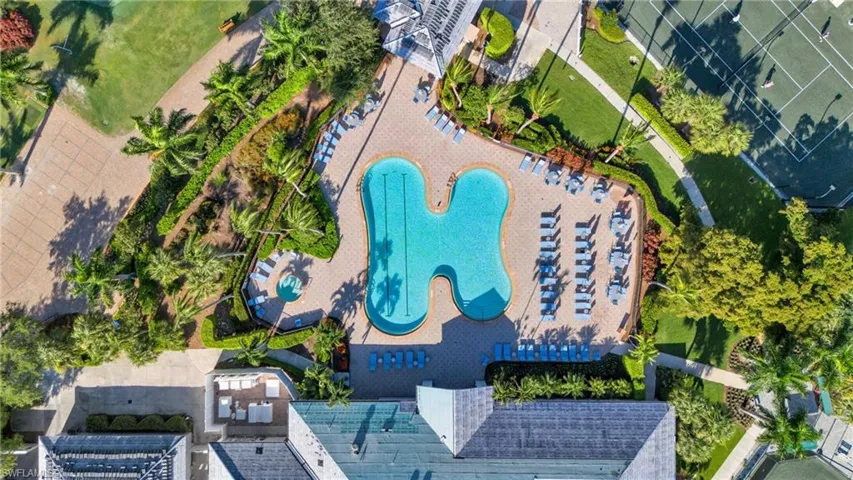 View of birds eye view of property community pool