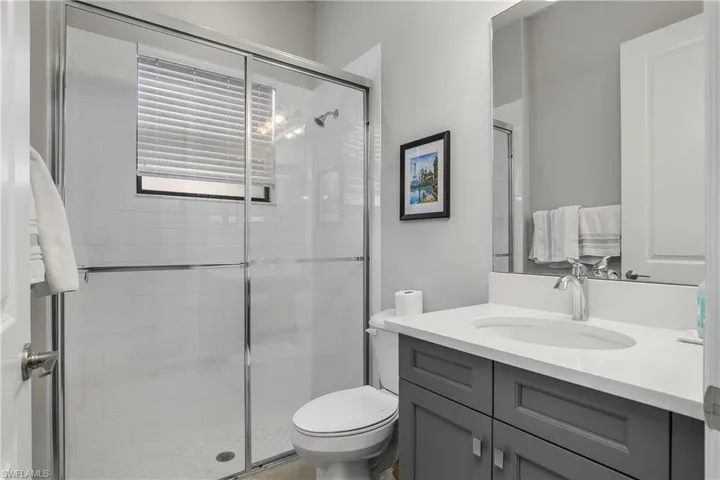 Full bath with vanity and a stall shower