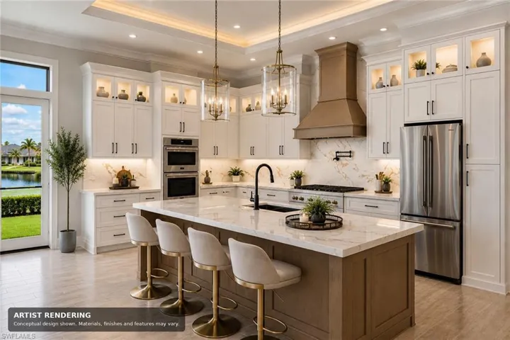 Gourmet kitchen with a large central island, white cabinetry, integrated stainless steel appliances, and a custom range hood