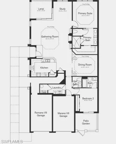 Additional highlights include: 8' doors, pocket sliding doors to outdoor living, coffered ceilings, upgraded kitchen cabinets with quartz countertops, 5" baseboards, crown molding, Cafe appliances.