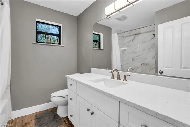 Bathroom with vanity, toilet, and hardwood / wood-style floors