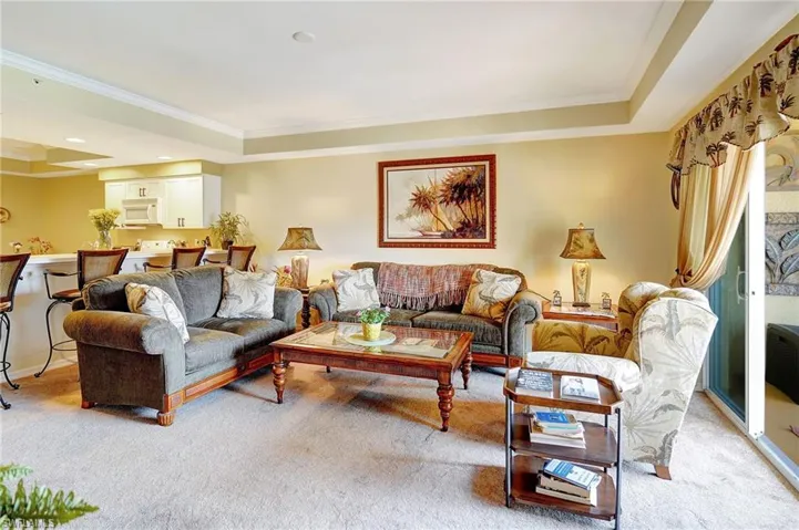 Living room featuring light carpet, a raised ceiling, and crown molding