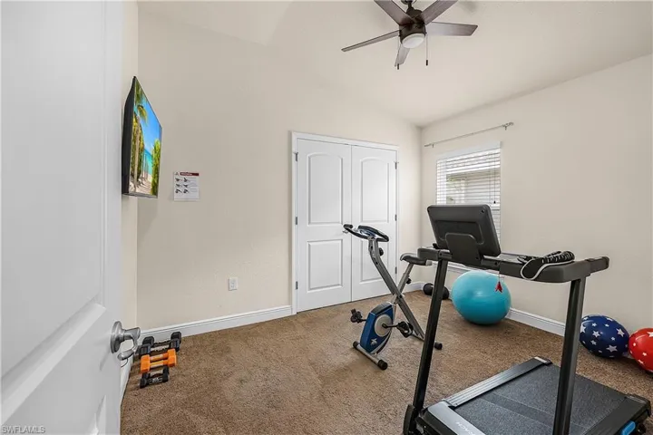 Workout area featuring lofted ceiling, ceiling fan, and carpet floors