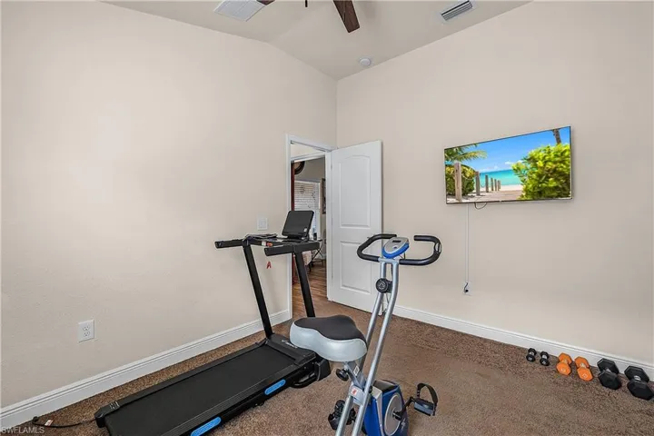 Exercise room featuring lofted ceiling, ceiling fan, and carpet floors