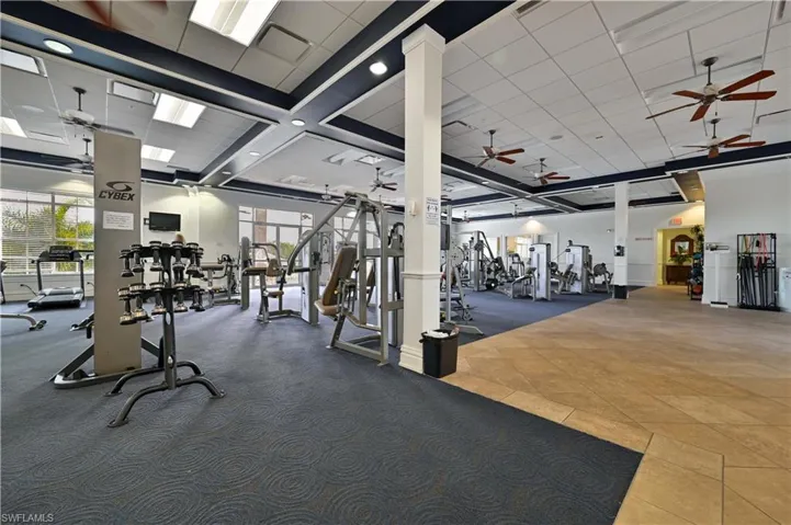 Gym featuring a ceiling fan, a drop ceiling, and coffered ceiling