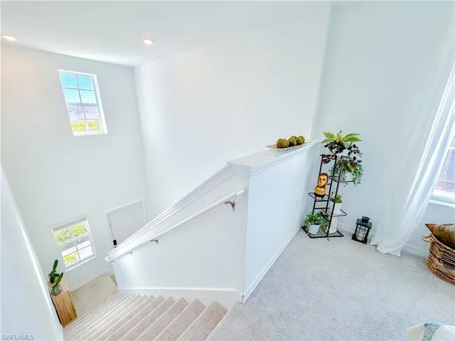 Staircase with carpet flooring and baseboards