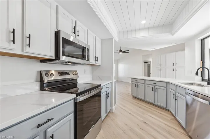 Kitchen featuring stainless steel appliances, a raised ceiling, light wood-style floors, a sink, and ceiling fan
