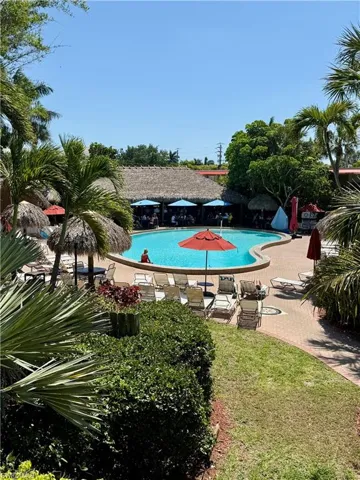 Freeform swimming pool with a thatched-roof tiki bar, surrounding lounge seating, mature palm trees, and lush landscaping