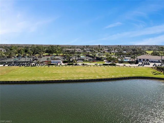 Aerial view of the driving range - practice your golf game with the  floating islands in the lake