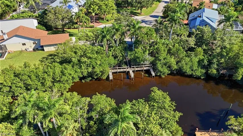 Bird's eye view of a large body of water and a tree filled landscape
