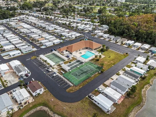 Aerial overview of property's location with a pool area