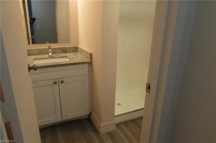 Bathroom with wood-type flooring, walk in shower, a baseboard heating unit, and large vanity
