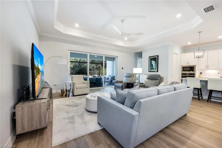 Great room with living, dining and kitchen.
