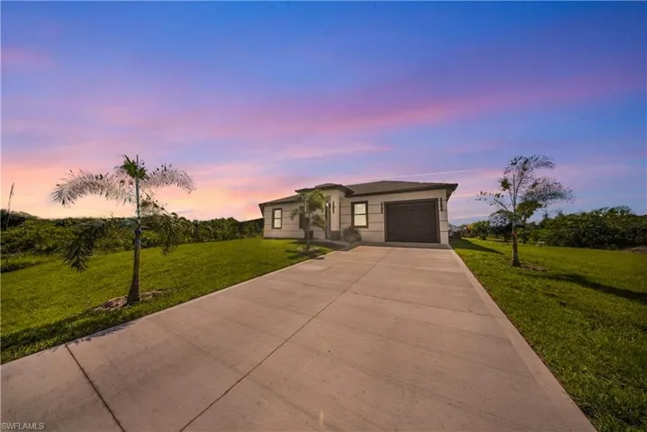 Prairie-style home featuring concrete driveway, a front yard, and an attached garage