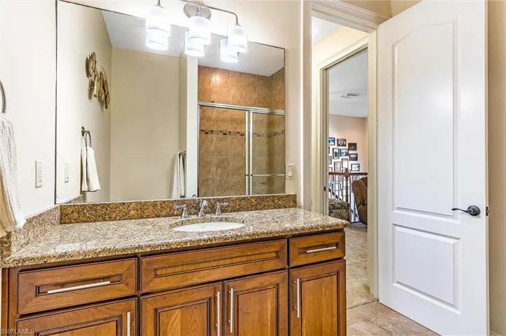 Full bath featuring a stall shower, visible vents, and vanity