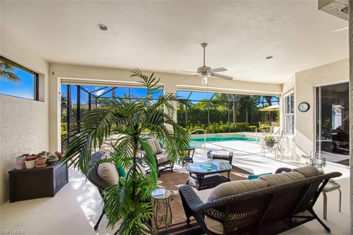 View of patio / terrace featuring an outdoor hangout area, a sunroom, a lanai, ceiling fan, and an outdoor pool