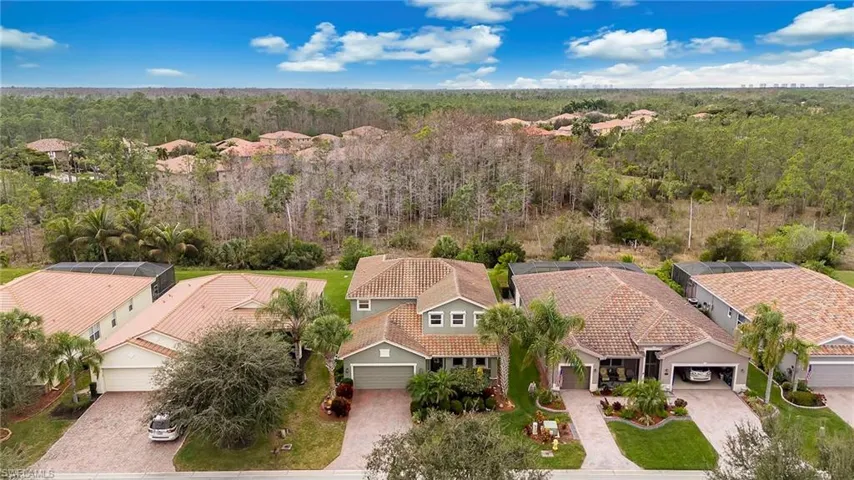 Aerial perspective of suburban area featuring a heavily wooded area