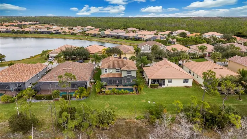 Aerial perspective of suburban area with a large body of water