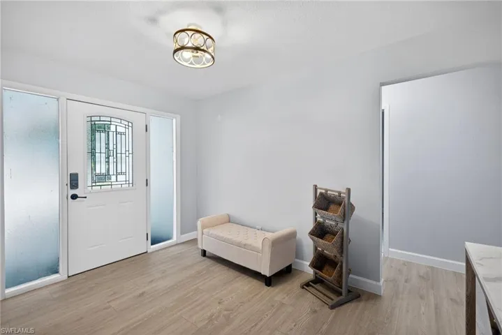Entryway featuring wood-finish flooring, a white front door with decorative leaded glass, frosted sidelights, and a contemporary flush-mount ceiling light